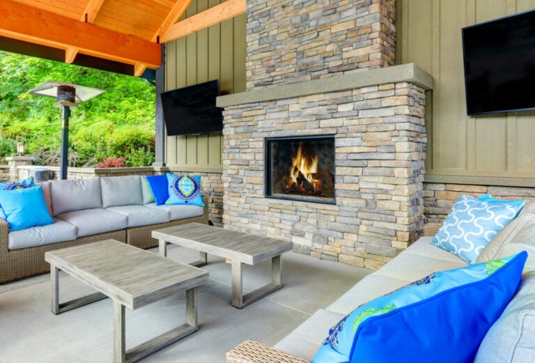 Outdoor Fireplace with stone veneer