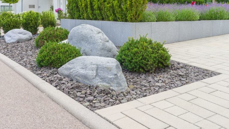 Landscape boulders in a front yard